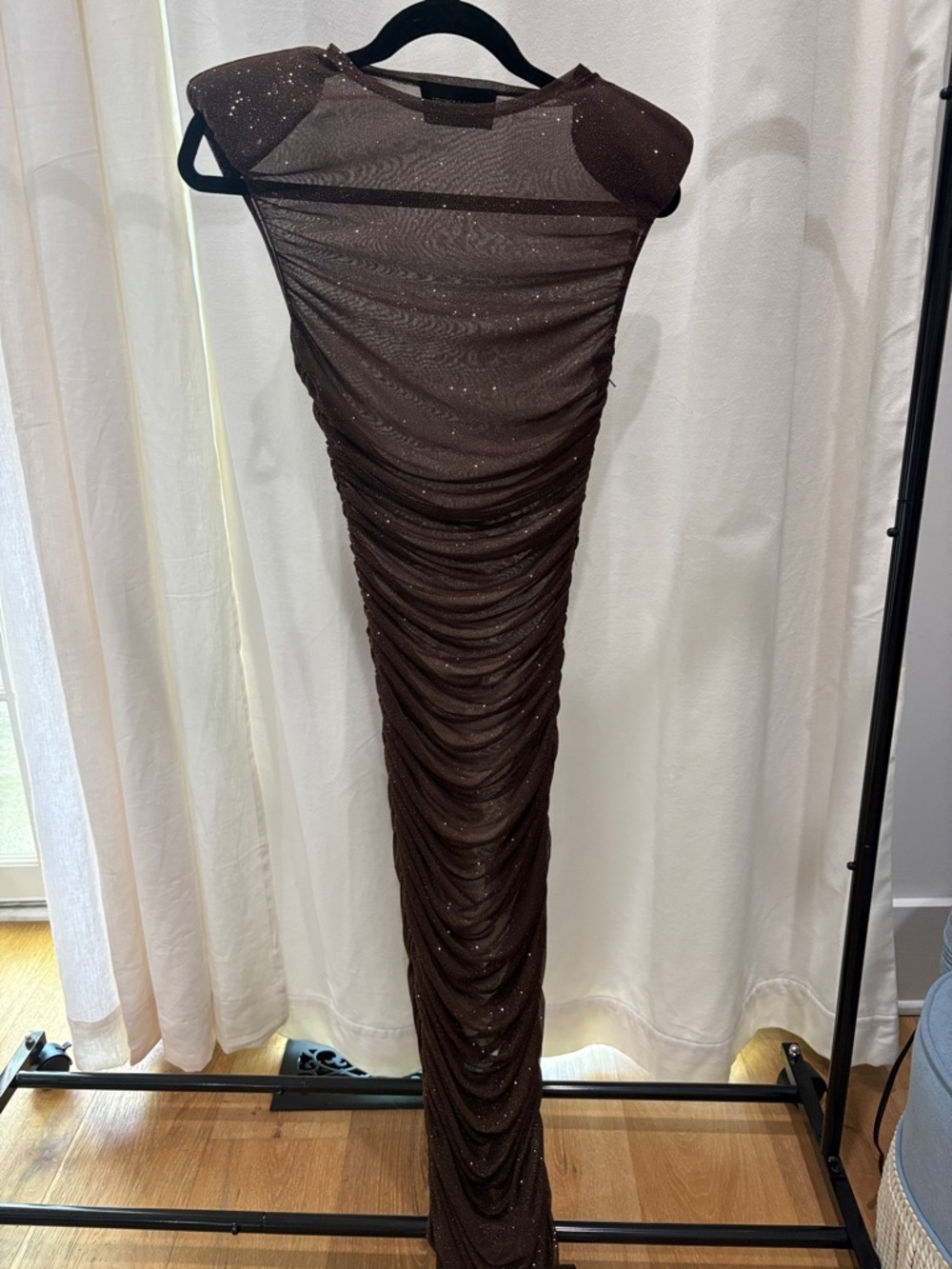 Bronx and Banco Chocolate Brown Ruched Sparkle Maxi Skirt
